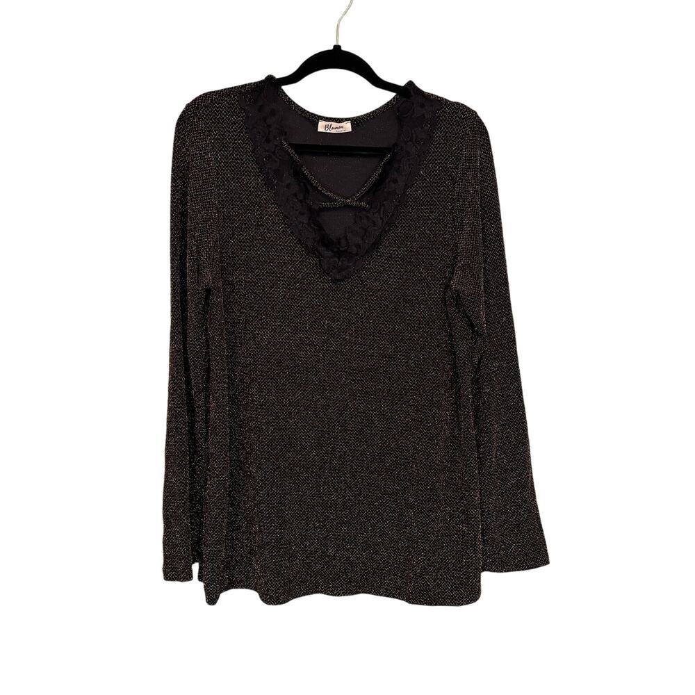 Blumin Apparel Tunic Top Womens 2XL Black Long Sleeve Lace Trim Golden Metallic
